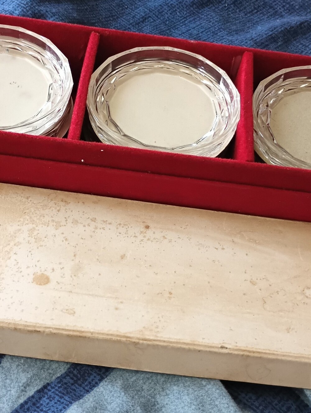 Crystal Glass Coasters 12 Set . Red Velvet Tray Dutch Maastricht.Circa 1950-60s